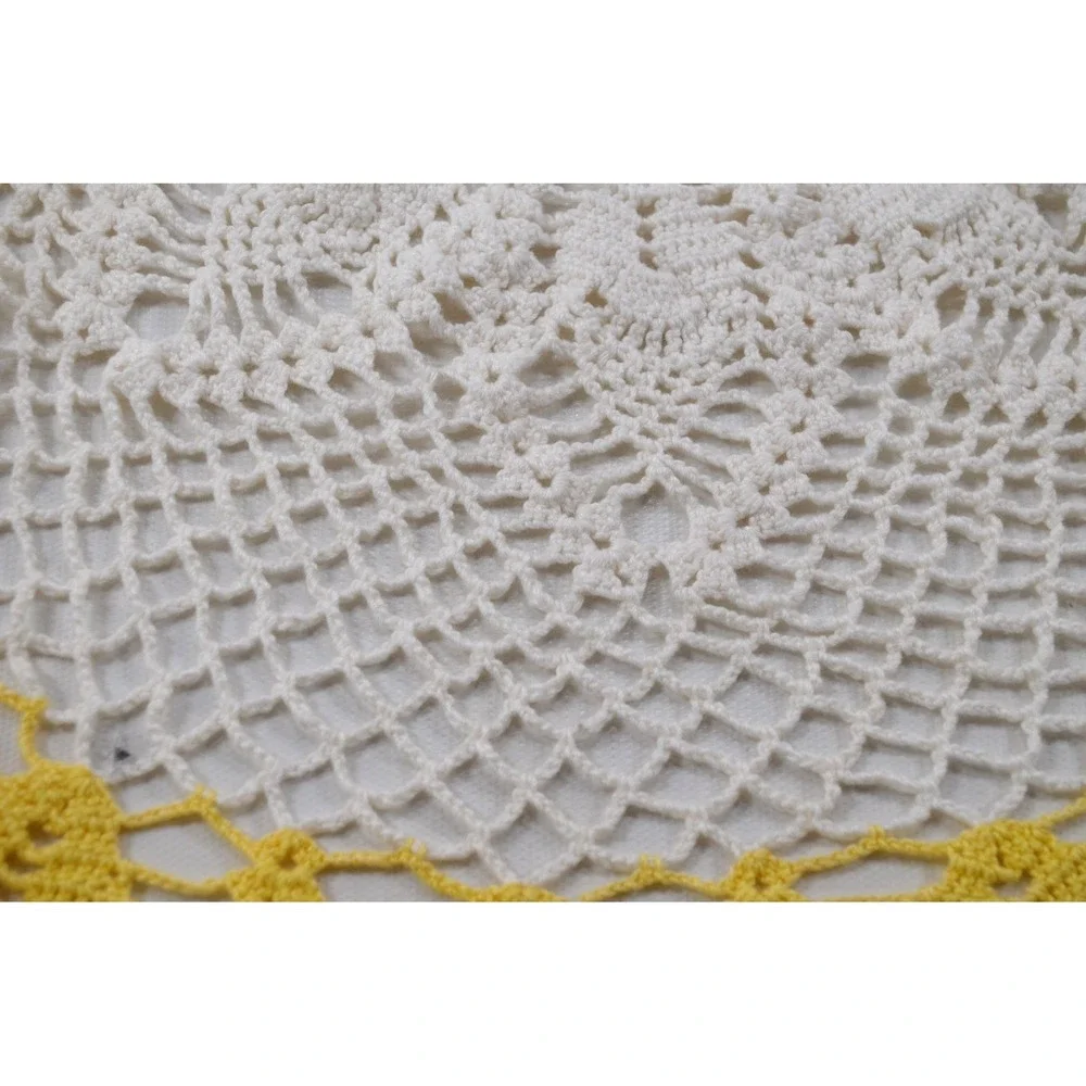Vintage Round White & Yellow Handmade Crochet Doily 22